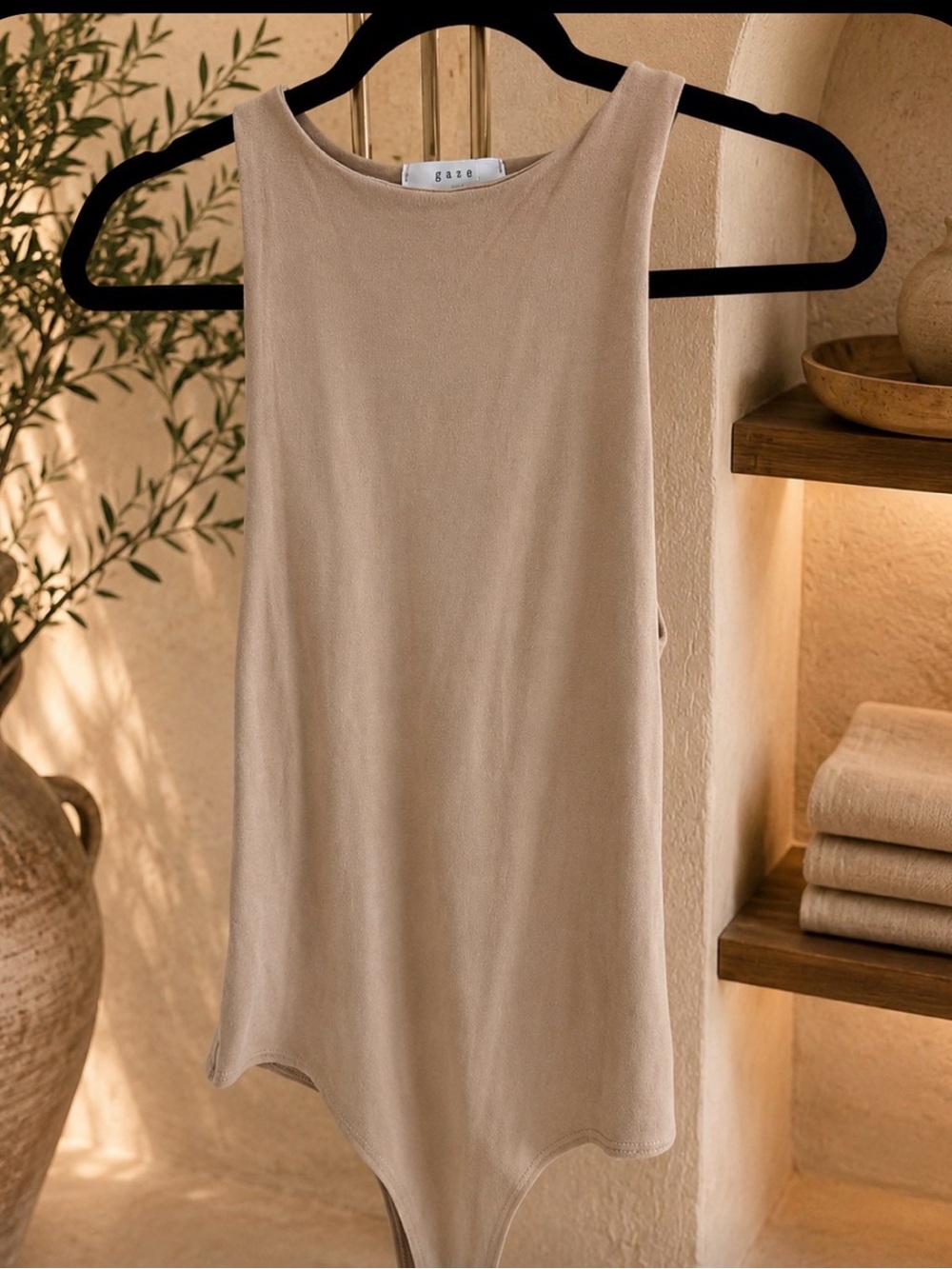 GAZE Beige Sleeveless Bodysuit Size S | Soft Stretch Minimalist Tank Bodysuit